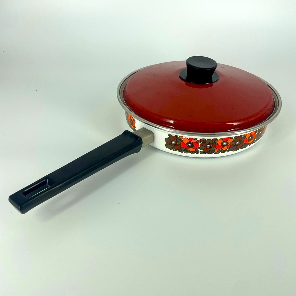 Vintage Enamel Cook Wear Pan Floral Red Lid Mid Century Modern MCM Skillet